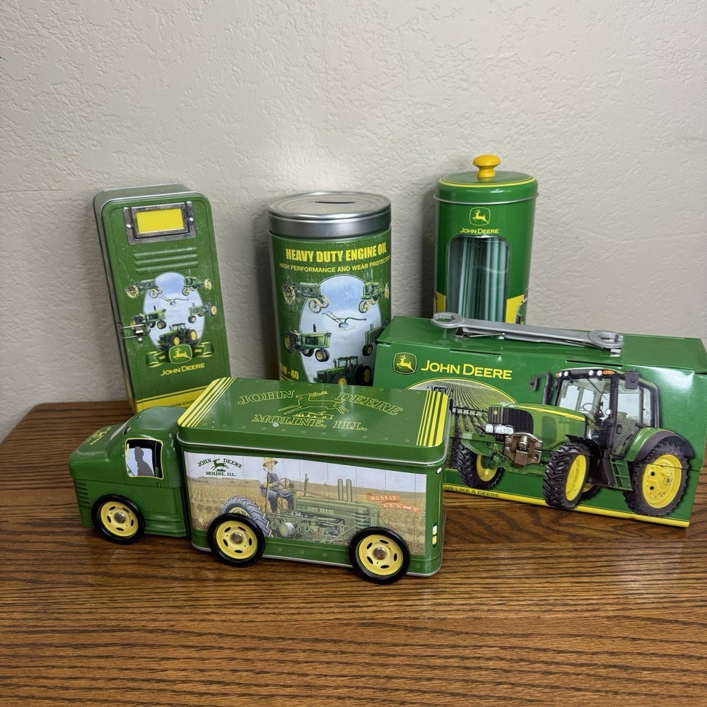 John Deere Collectible Tin Set Truck Straw Dispenser Coin Bank 5 Piece Lot